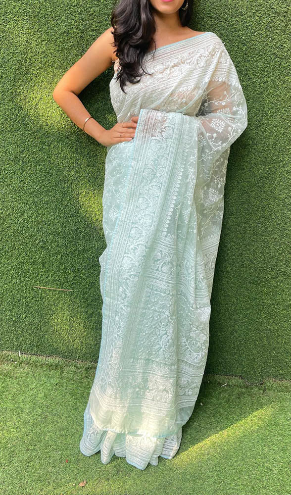 Blue Embroidered Chikankari Organza Silk Saree - Luxurion World