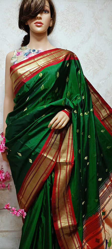 Green Handloom Paithani Pure Silk Peacock Design Pallu Saree - Luxurion World
