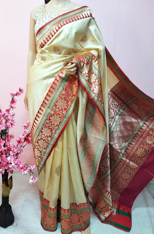 Cream Handloom Banarasi Pure Katan Silk Saree With Red Contrast Border - Luxurion World