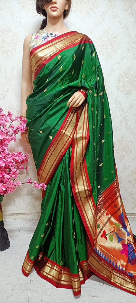 Green Handloom Paithani Pure Silk Peacock Design Pallu Saree - Luxurion World