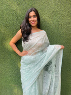 Blue Embroidered Chikankari Organza Silk Saree - Luxurion World