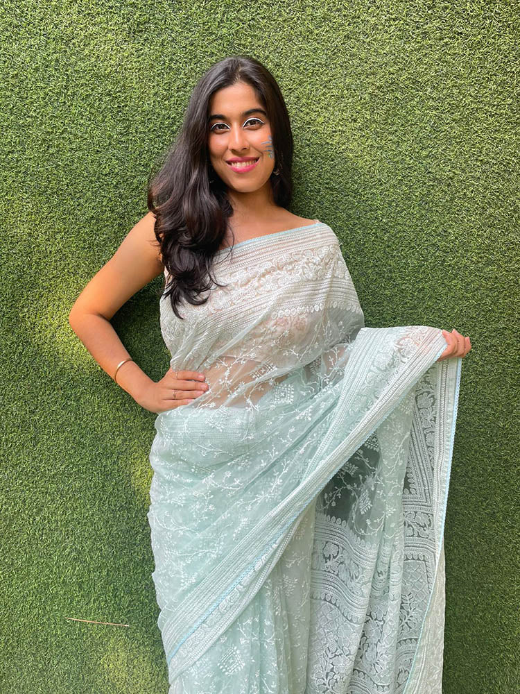 Blue Embroidered Chikankari Organza Silk Saree - Luxurion World