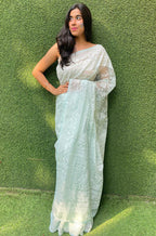 Blue Embroidered Chikankari Organza Silk Saree - Luxurion World