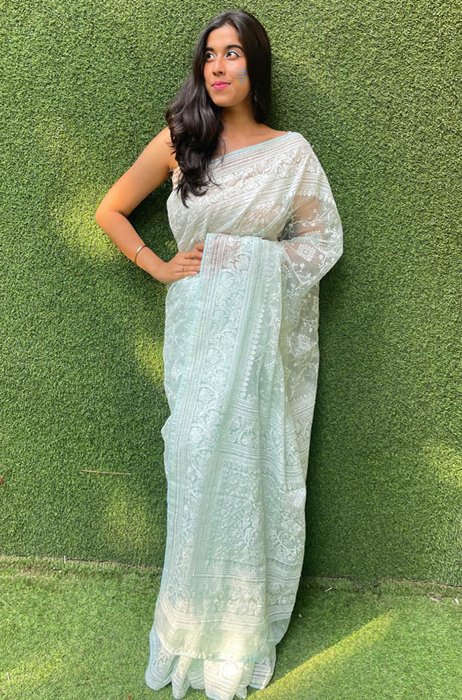 Blue Embroidered Chikankari Organza Silk Saree - Luxurion World