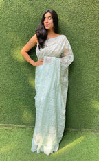 Blue Embroidered Chikankari Organza Silk Saree - Luxurion World