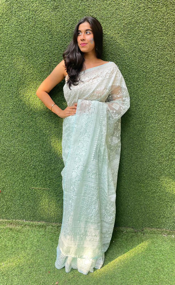Blue Embroidered Chikankari Organza Silk Saree - Luxurion World