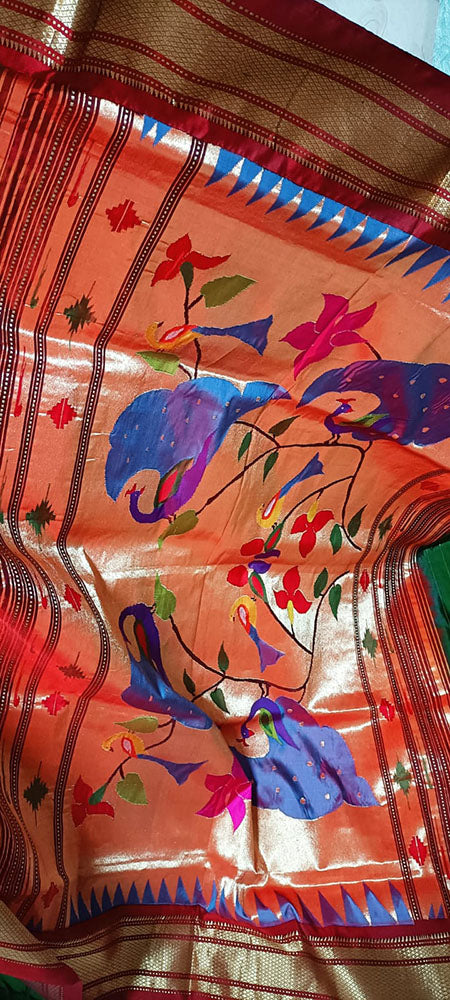 Green Handloom Paithani Pure Silk Peacock Design Pallu Saree - Luxurion World