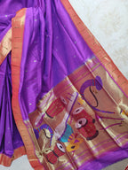 Purple Handloom Paithani Pure Silk Instrument Design Pallu Saree - Luxurion World