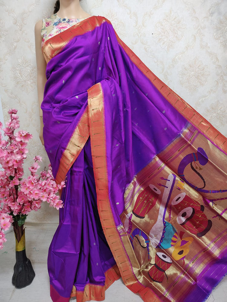 Purple Handloom Paithani Pure Silk Instrument Design Pallu Saree - Luxurion World