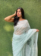 Blue Embroidered Chikankari Organza Silk Saree - Luxurion World