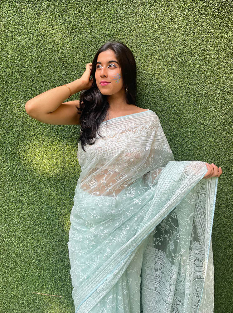 Blue Embroidered Chikankari Organza Silk Saree - Luxurion World