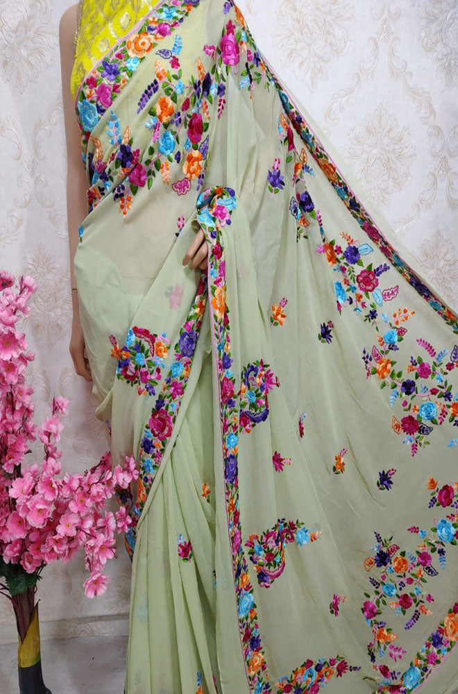 Green Hand Embroidered Parsi Gara Pure Georgette Saree - Luxurion World