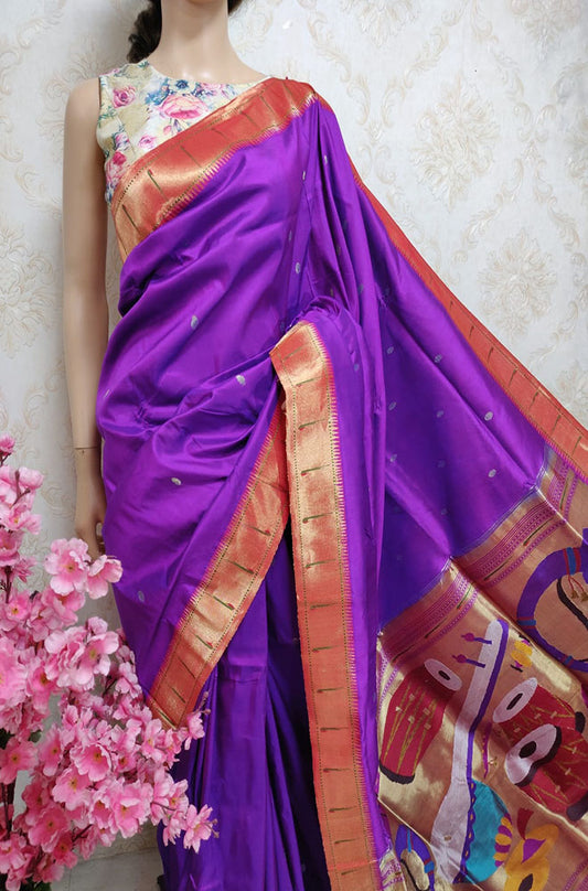 Purple Handloom Paithani Pure Silk Instrument Design Pallu Saree - Luxurion World