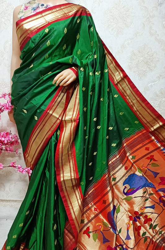 Green Handloom Paithani Pure Silk Peacock Design Pallu Saree - Luxurion World