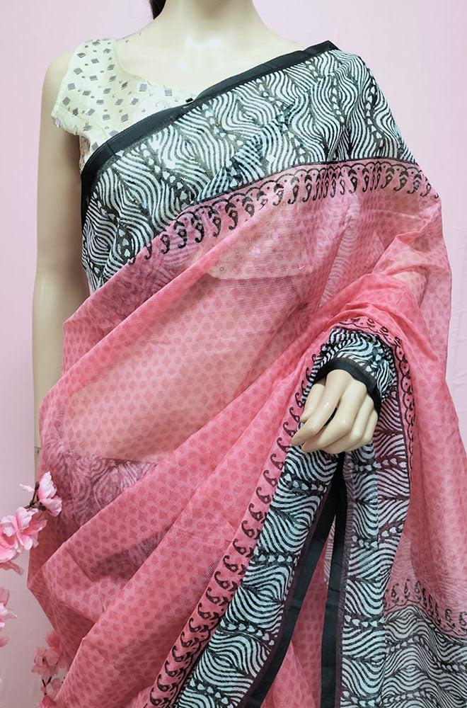 Pink Block Printed Cotton Saree