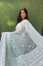 Blue Embroidered Chikankari Organza Silk Saree - Luxurion World