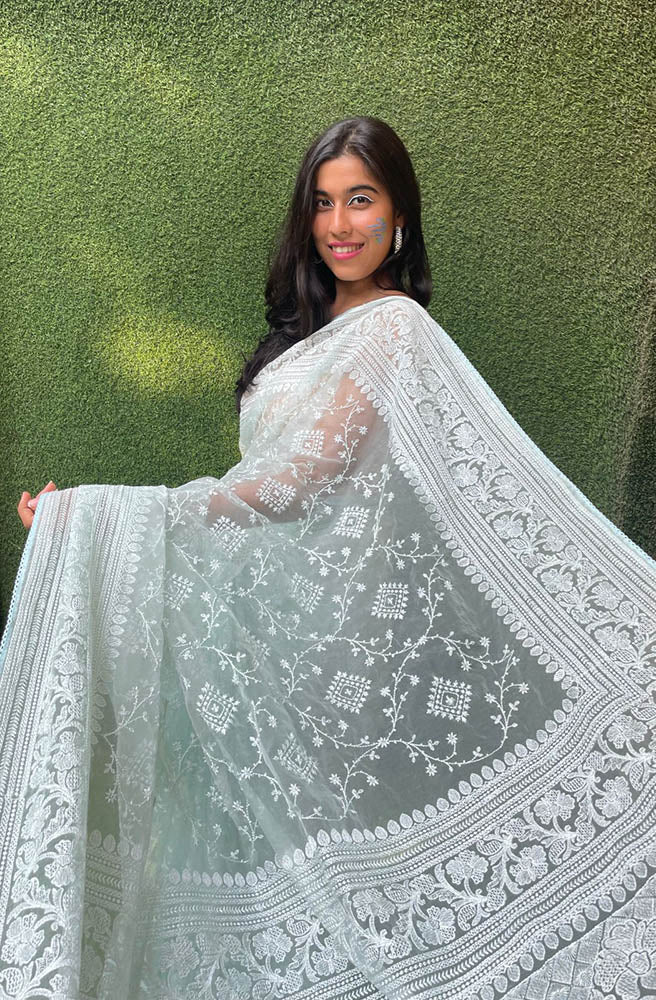 Blue Embroidered Chikankari Organza Silk Saree - Luxurion World