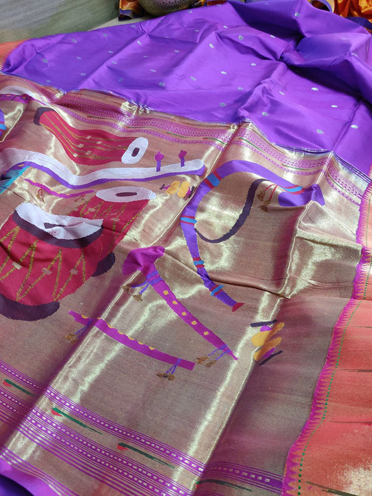 Purple Handloom Paithani Pure Silk Instrument Design Pallu Saree - Luxurion World