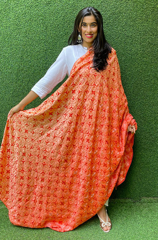 Orange Embroidered Phulkari Tabby Silk Dupatta