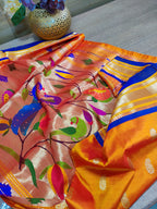 Orange Handloom Paithani Pure Silk Peacock Design Pallu Saree - Luxurion World