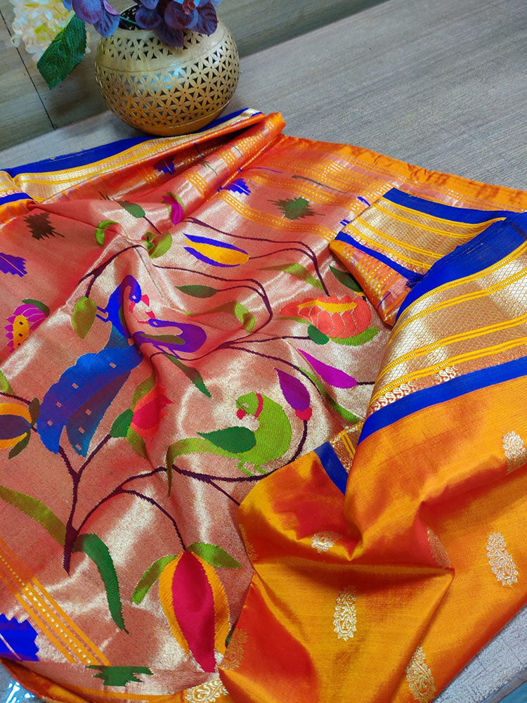 Orange Handloom Paithani Pure Silk Peacock Design Pallu Saree - Luxurion World