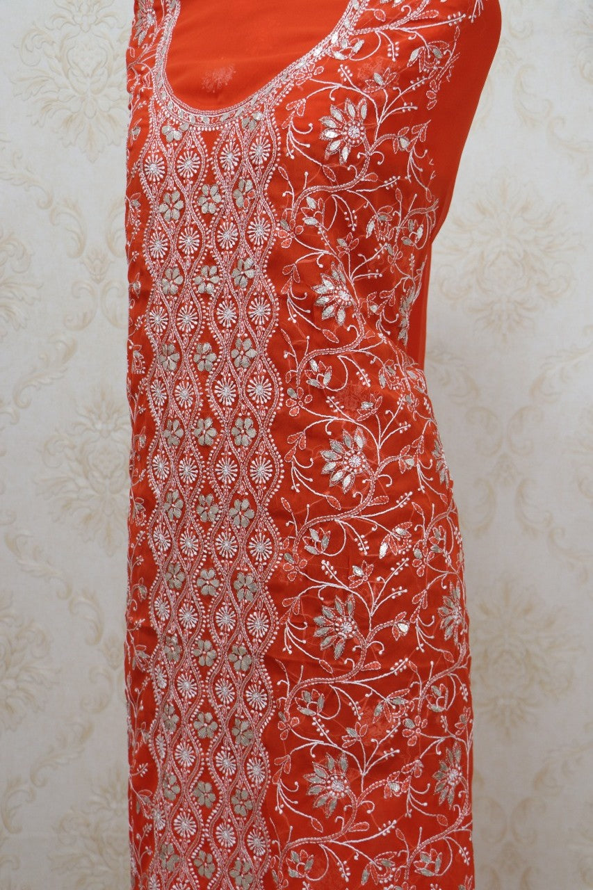 Orange Embroidered Chikankari Georgette Kurti - Luxurion World