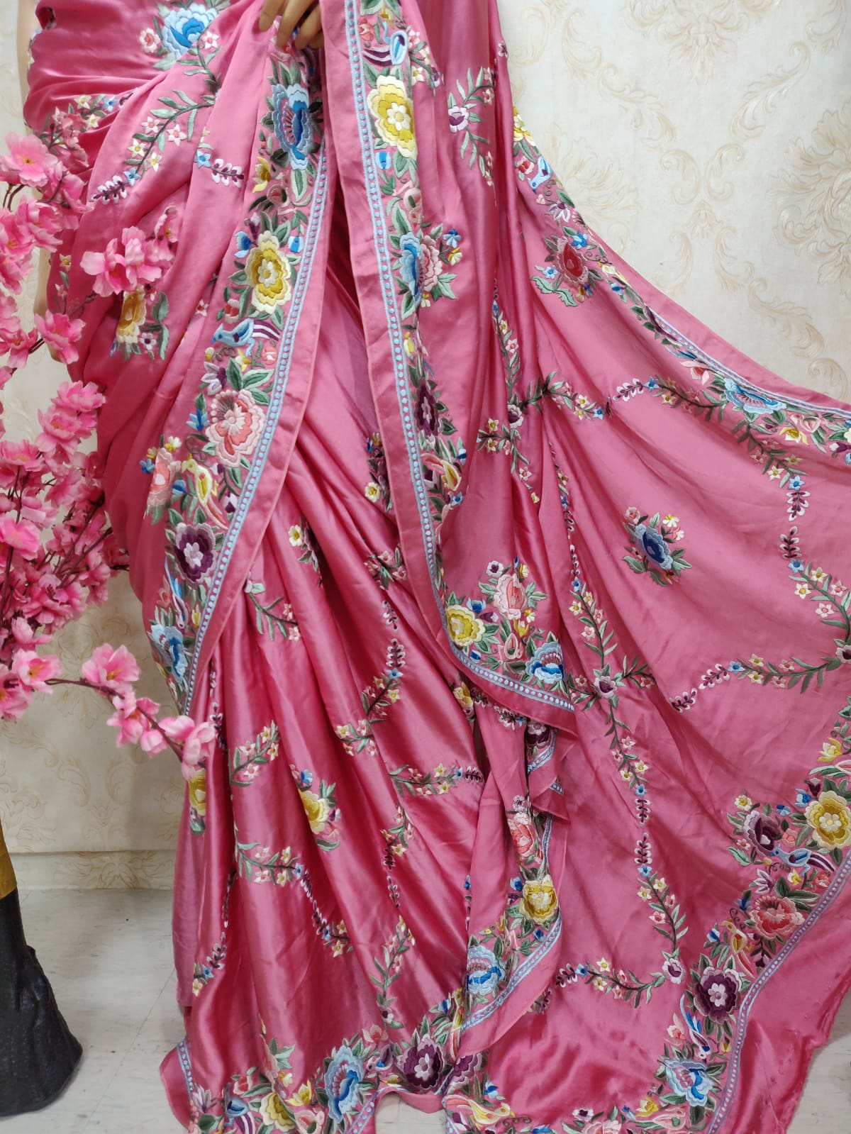 Pink Hand Embroidered Parsi Gara Pure Satin Silk Saree - Luxurion World