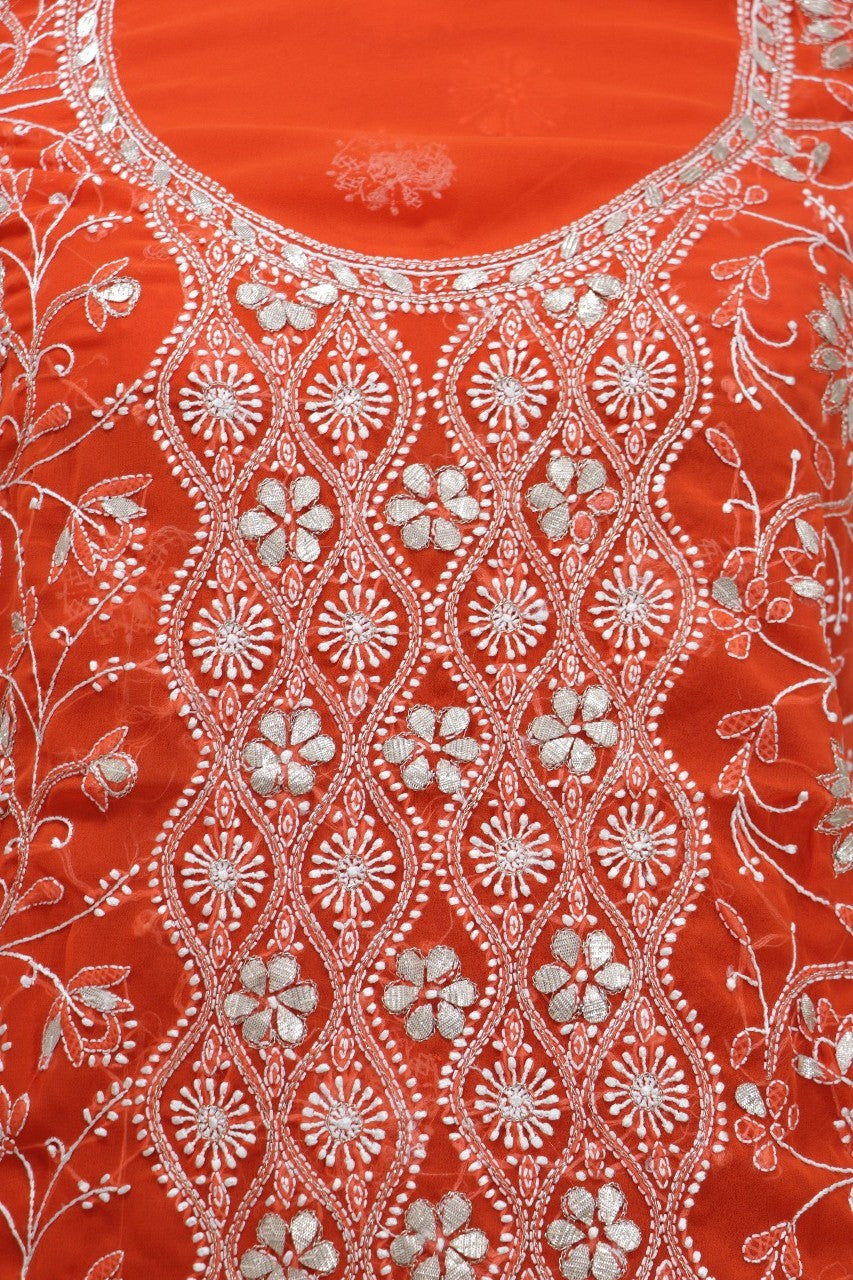 Orange Embroidered Chikankari Georgette Kurti - Luxurion World