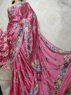 Pink Hand Embroidered Parsi Gara Pure Satin Silk Saree - Luxurion World