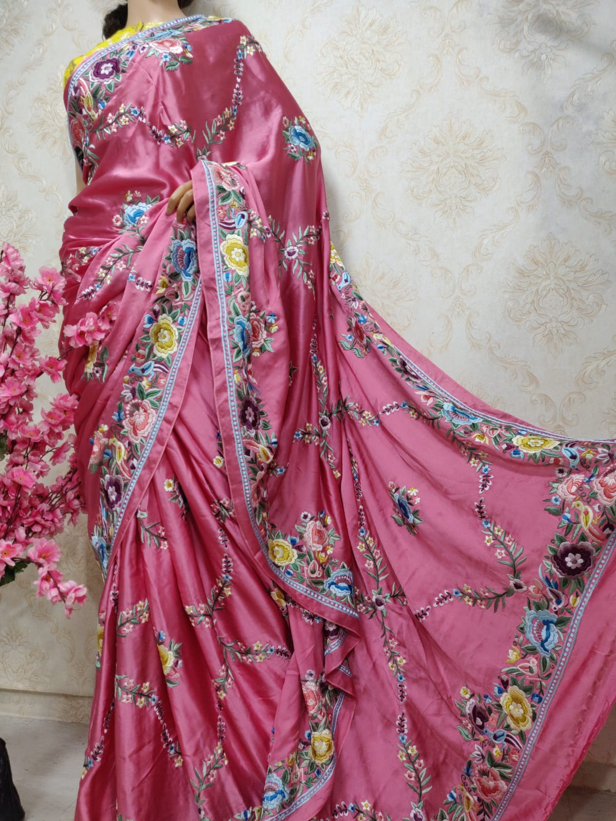 Pink Hand Embroidered Parsi Gara Pure Satin Silk Saree - Luxurion World