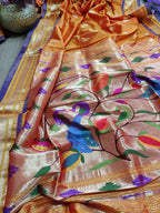 Orange Handloom Paithani Pure Silk Peacock Design Pallu Saree - Luxurion World