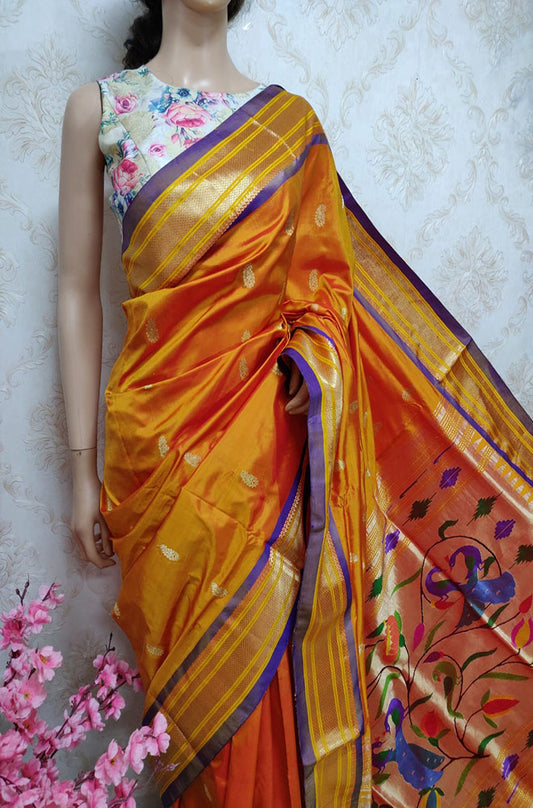 Orange Handloom Paithani Pure Silk Peacock Design Pallu Saree - Luxurion World