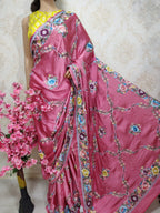 Pink Hand Embroidered Parsi Gara Pure Satin Silk Saree - Luxurion World