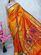 Orange Handloom Paithani Pure Silk Peacock Design Pallu Saree - Luxurion World