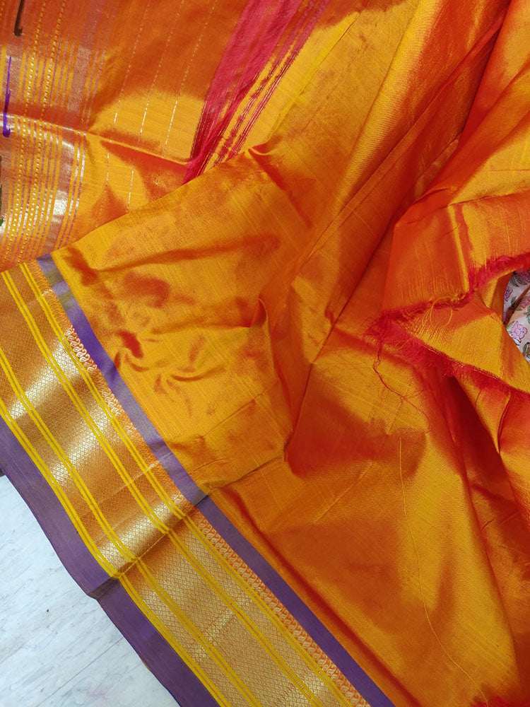 Orange Handloom Paithani Pure Silk Peacock Design Pallu Saree - Luxurion World