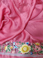 Pink Hand Embroidered Parsi Gara Pure Satin Silk Saree - Luxurion World