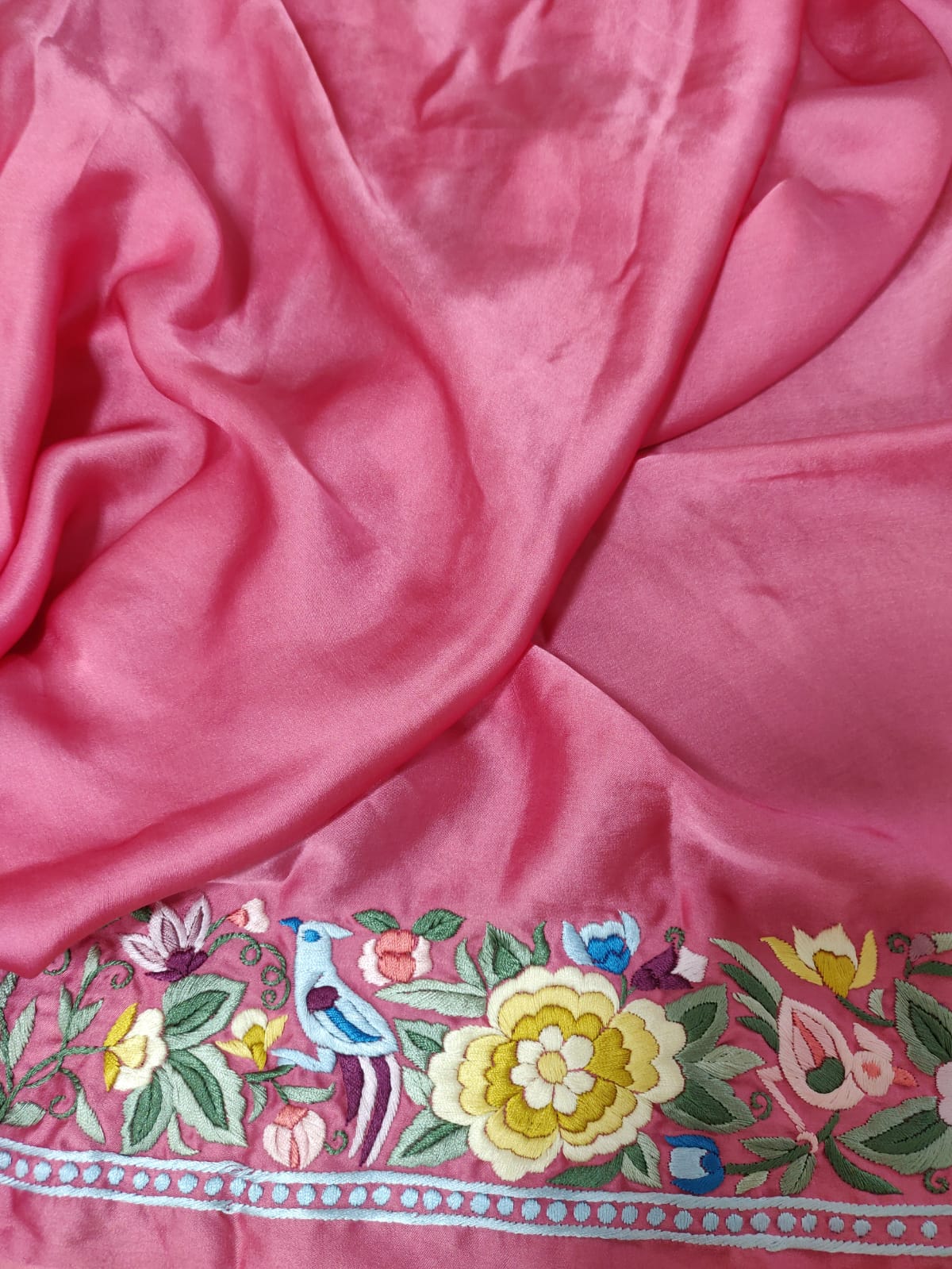Pink Hand Embroidered Parsi Gara Pure Satin Silk Saree - Luxurion World