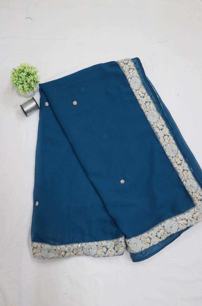 Blue Trendy Georgette Heavy Lace Saree With Trendy Blouse - Luxurion World