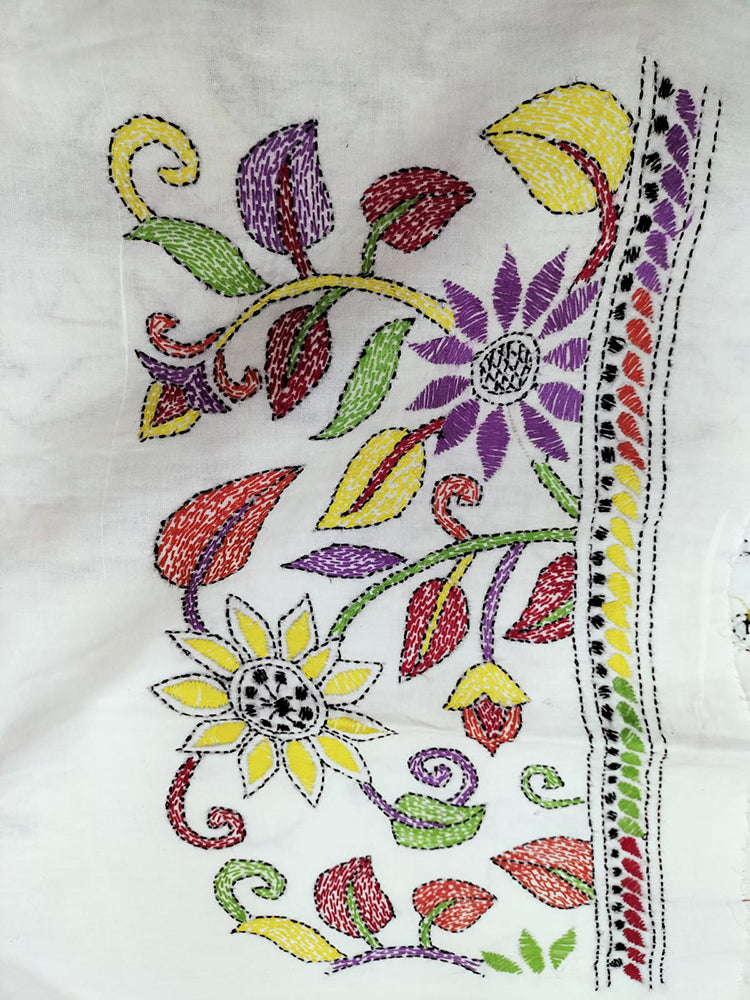 Off White Hand Embroidered Kantha Cotton Unstitched Kurti - Luxurion World