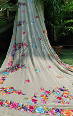 Green Hand Embroidered Parsi Gara Pure Georgette Saree - Luxurion World