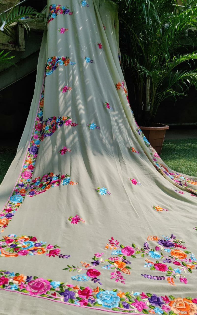 Green Hand Embroidered Parsi Gara Pure Georgette Saree - Luxurion World