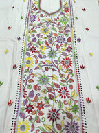 Off White Hand Embroidered Kantha Cotton Unstitched Kurti - Luxurion World