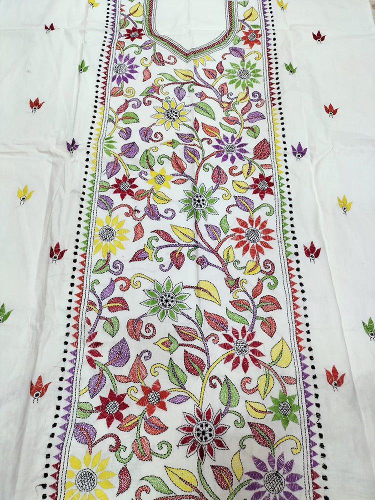 Off White Hand Embroidered Kantha Cotton Unstitched Kurti - Luxurion World