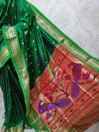 Green Handloom Paithani Pure Silk Peacock Design Pallu Saree - Luxurion World