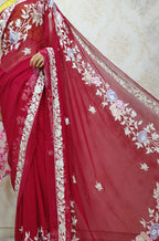 Red Hand Embroidered Parsi Gara Pure Georgette Saree - Luxurion World