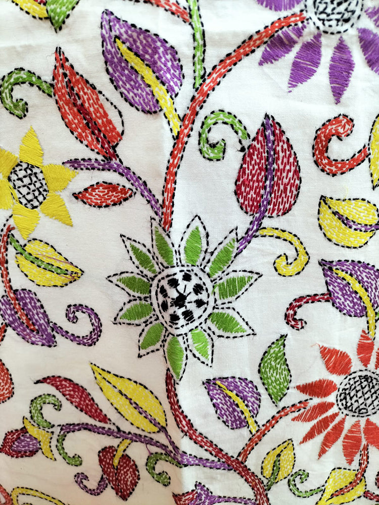 Off White Hand Embroidered Kantha Cotton Unstitched Kurti - Luxurion World