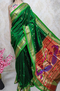Green Handloom Paithani Pure Silk Peacock Design Pallu Saree - Luxurion World