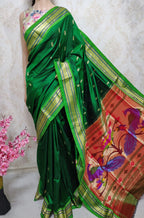 Green Handloom Paithani Pure Silk Peacock Design Pallu Saree - Luxurion World
