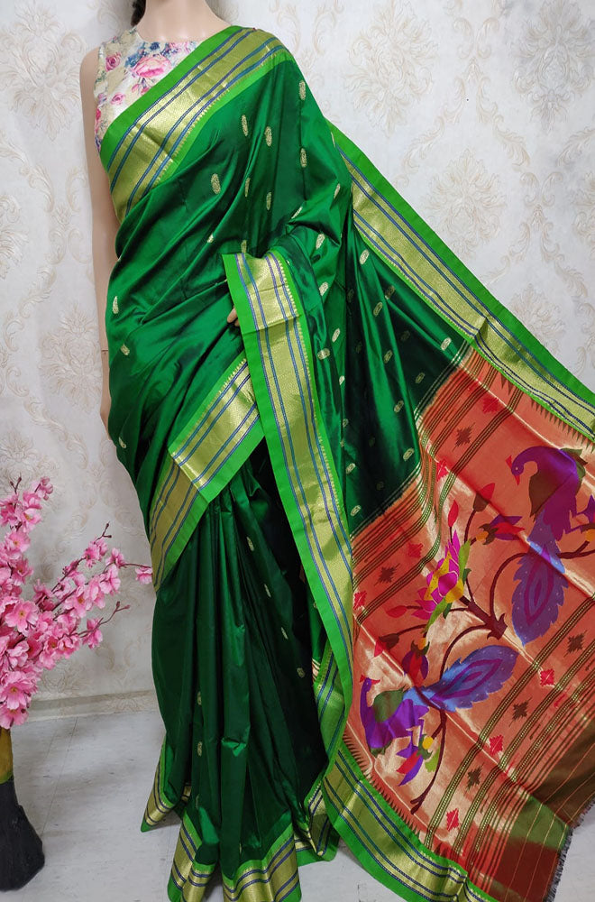 Green Handloom Paithani Pure Silk Peacock Design Pallu Saree - Luxurion World