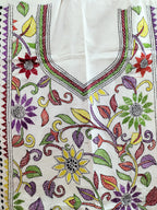 Off White Hand Embroidered Kantha Cotton Unstitched Kurti - Luxurion World